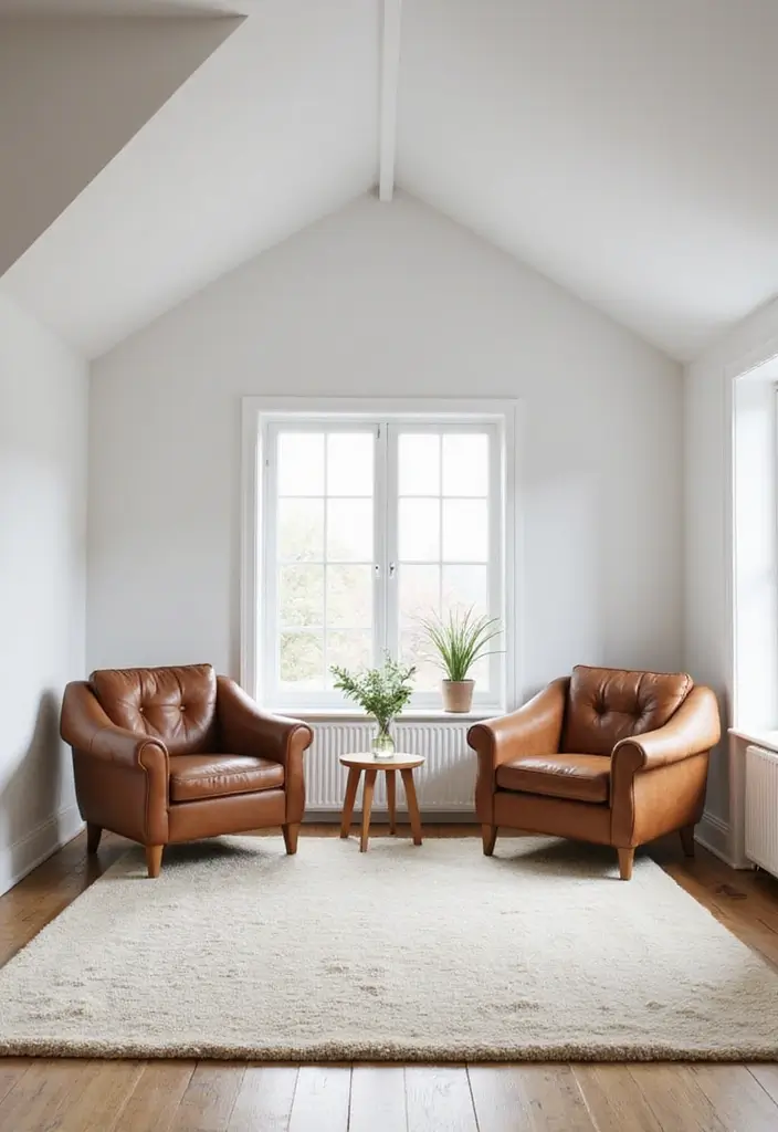 Modern Minimalist Scandinavian Living Room with Vaulted Ceiling, Wool Rug & Leather Club Chairs