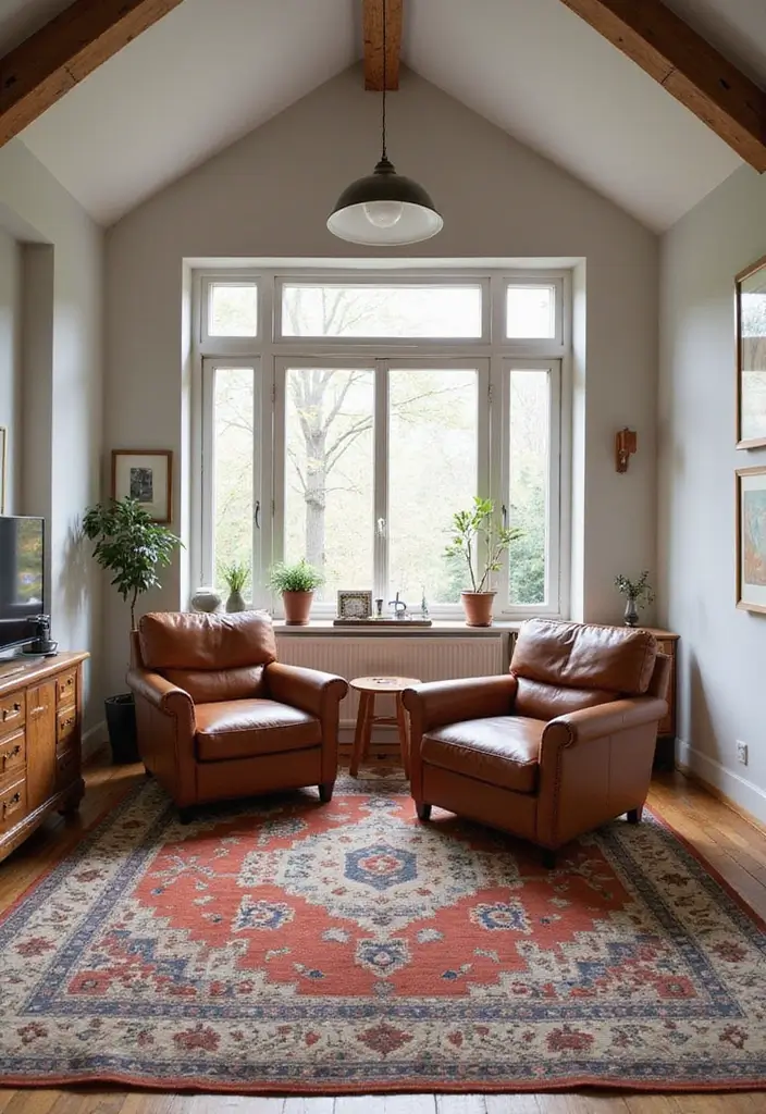 Vintage Scandinavian Living Room with Vaulted Ceiling, Wool Rug & Leather Club Chairs