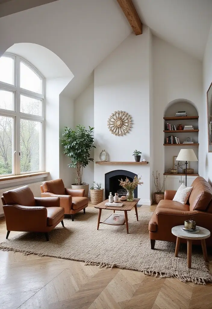 Scandinavian Living Room with Vaulted Ceiling, Wool Rug & Leather Club Chairs