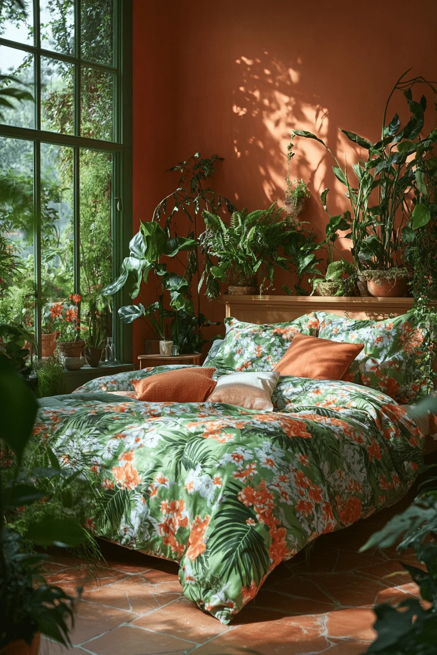 Earthy green bedroom with terracotta accents