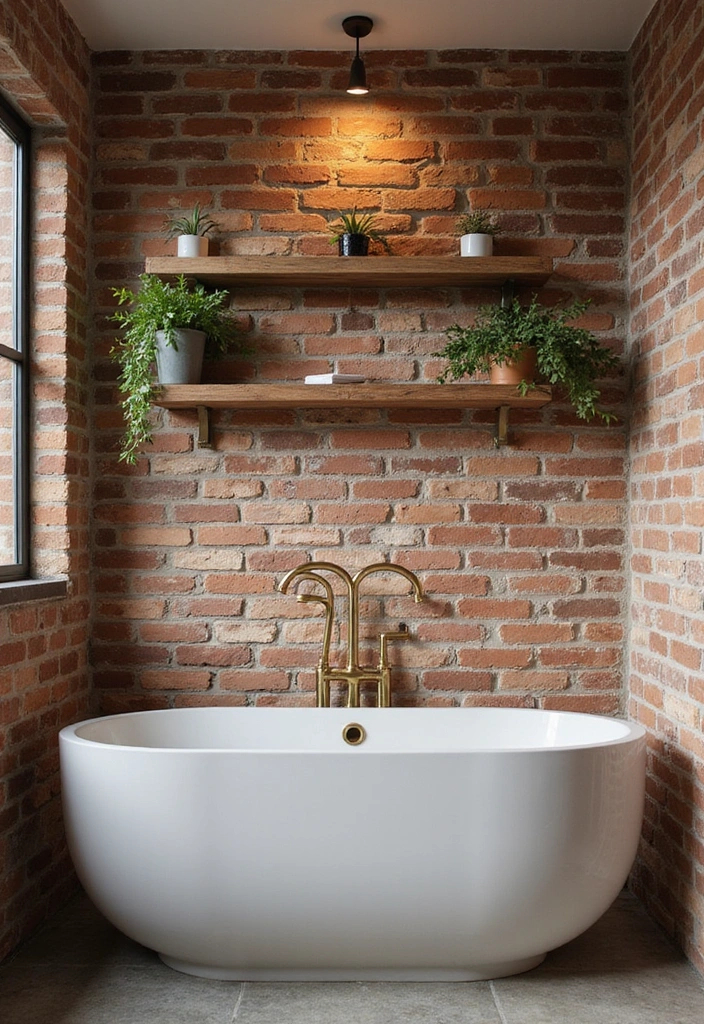 Industrial Chic Bathroom with Exposed Brick Walls and Brass Fixtures