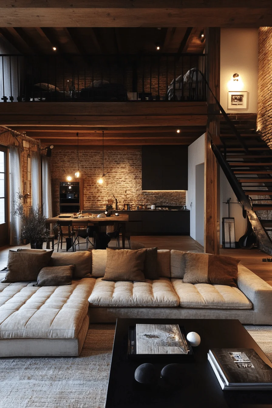 Exposed brick wall in industrial living room