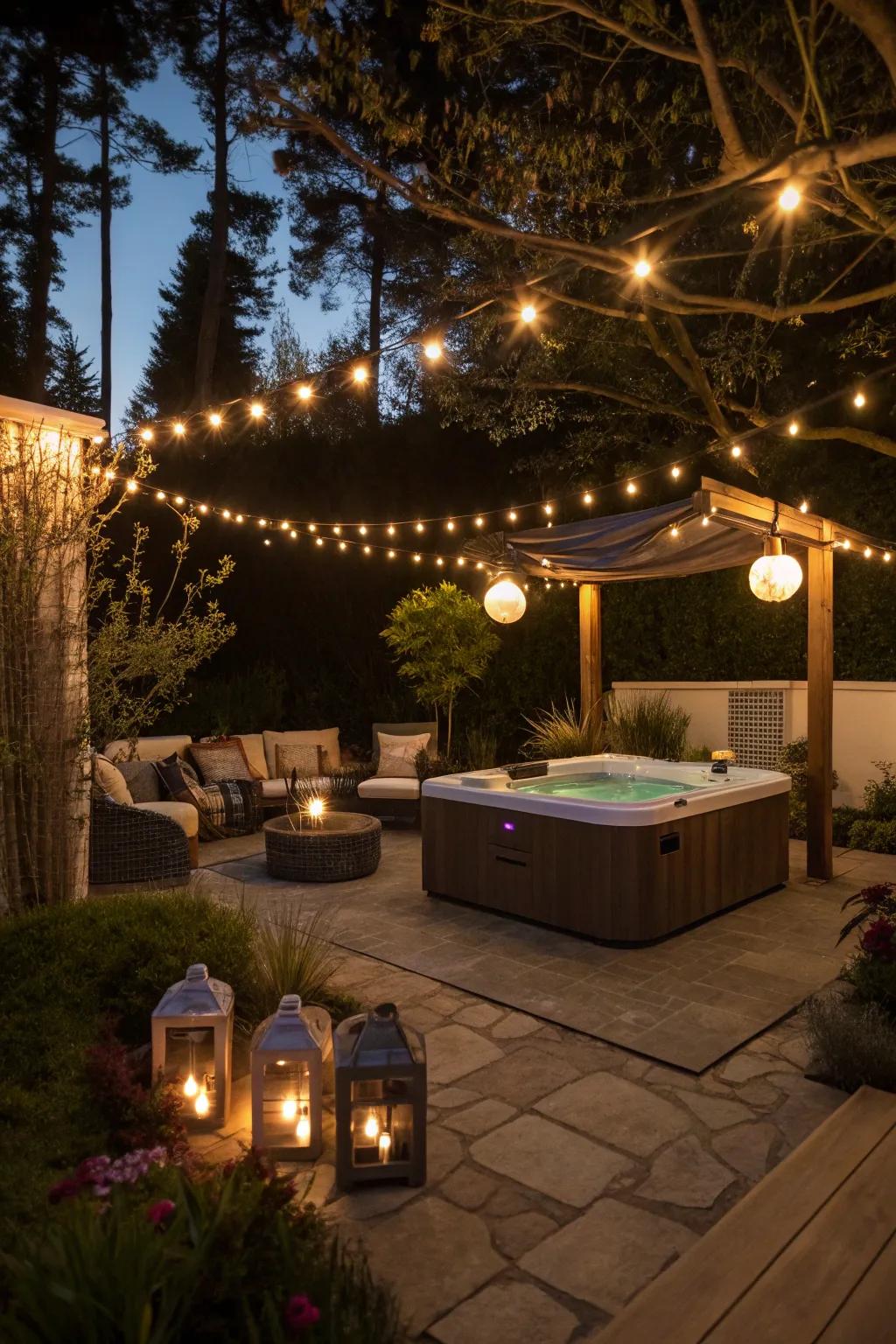 Gentle lighting enhances the hot tub ambiance.