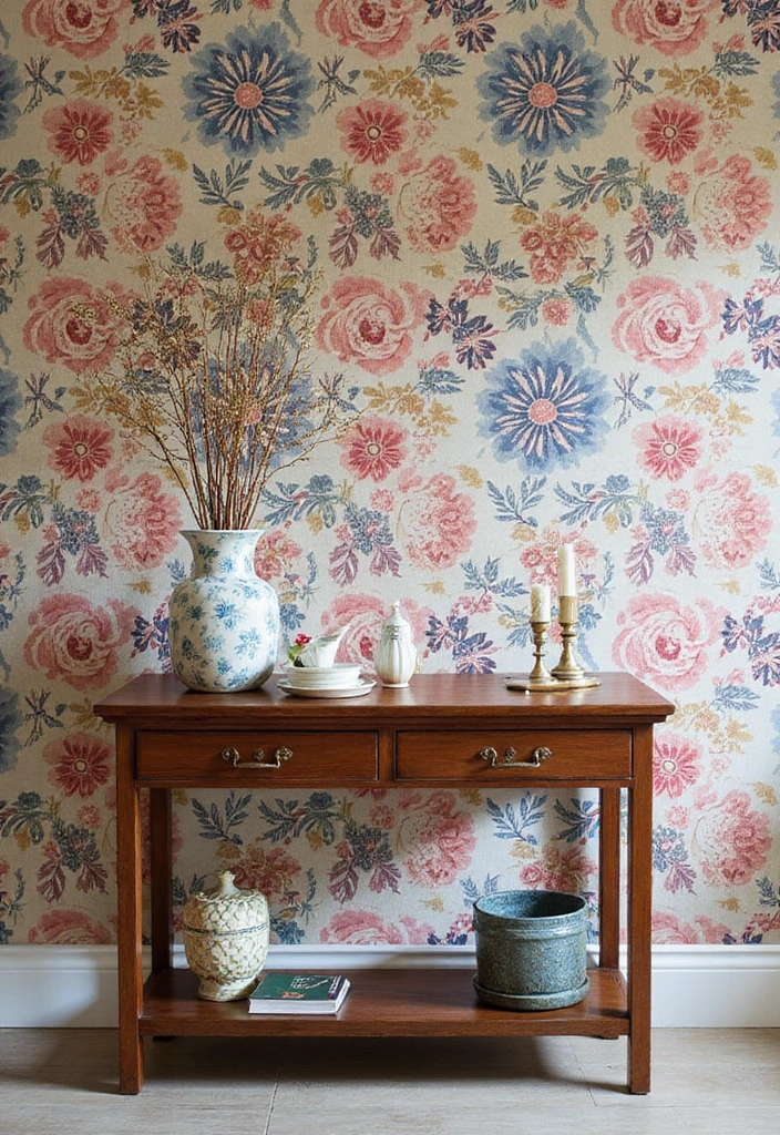 Console table with wallpaper backdrop