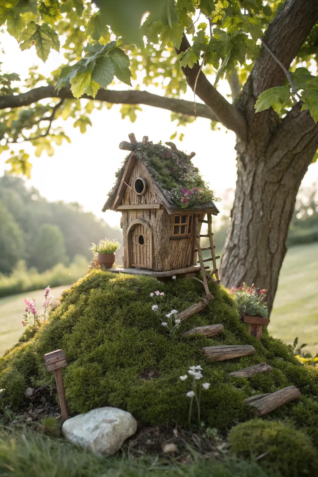 Experience the charm of a tiny treehouse nestled in your fairy garden.