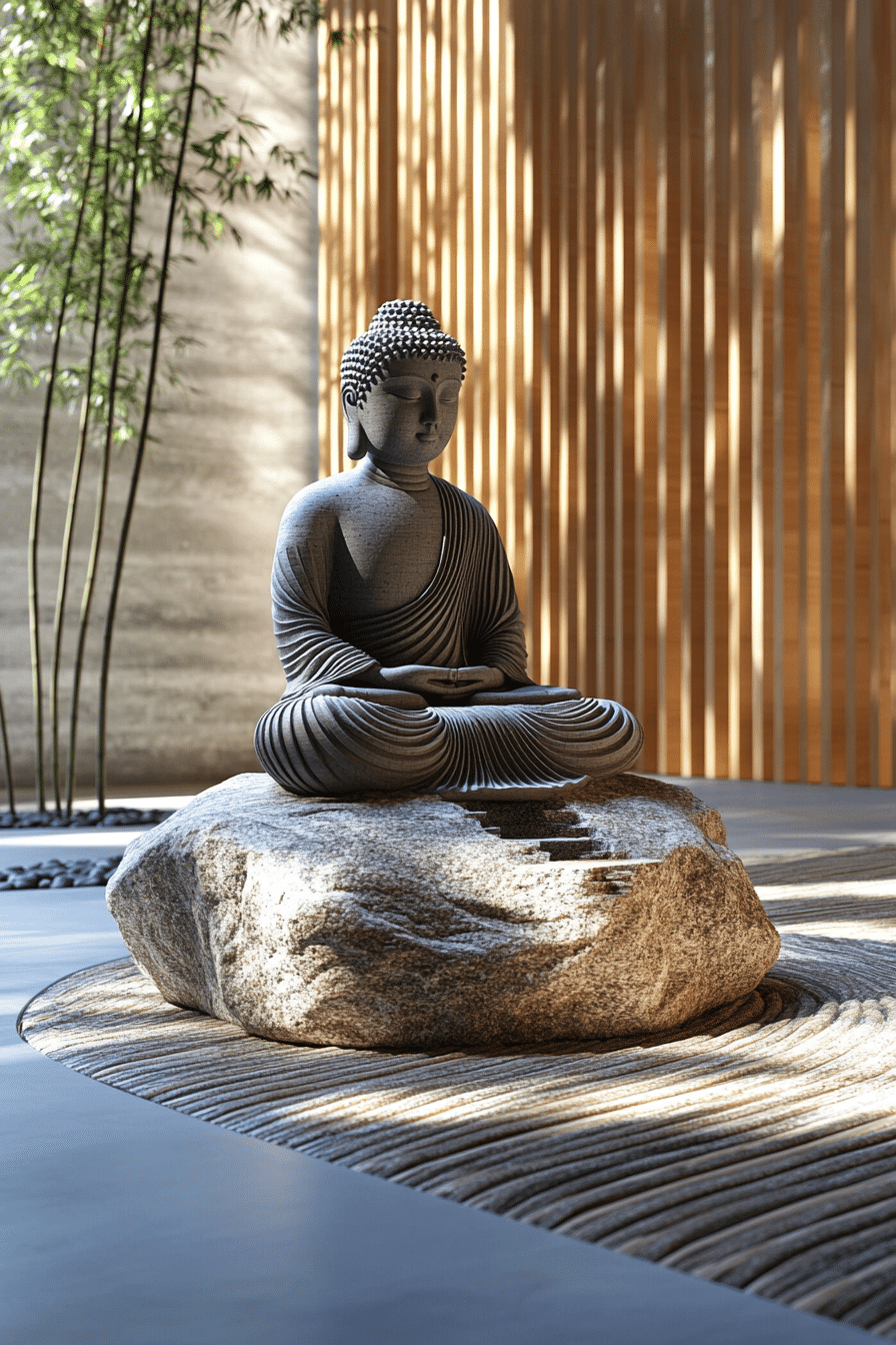 Zen Meditation Room with Bamboo and Stone