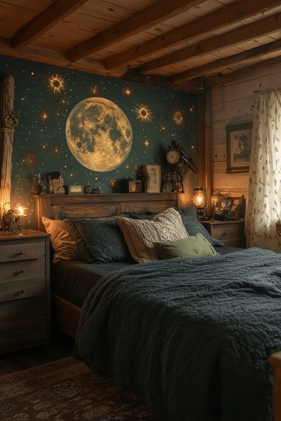 Rustic boho bedroom with moon phase decor