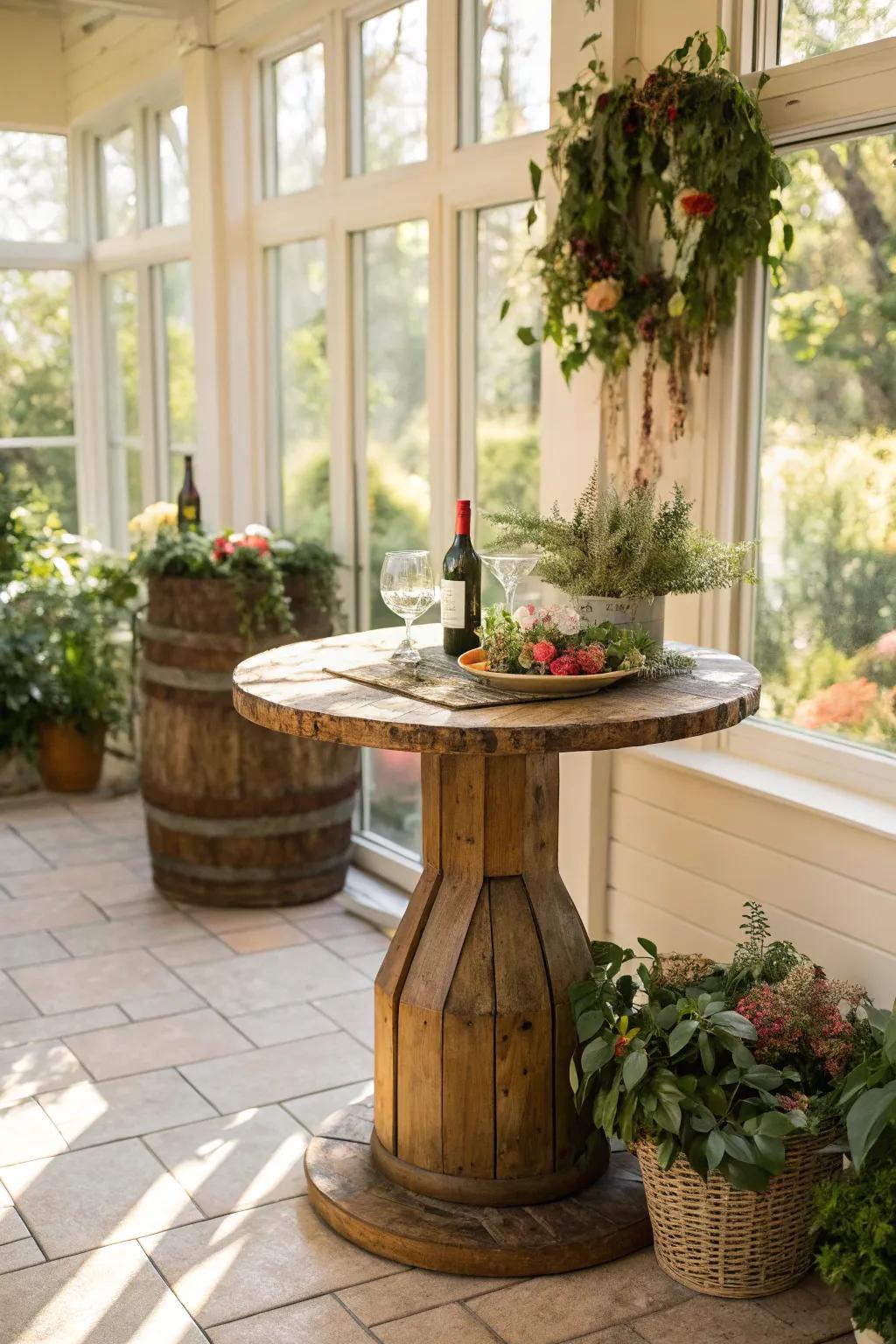Rustic wooden drink table in a sunroom, adding warmth and texture.