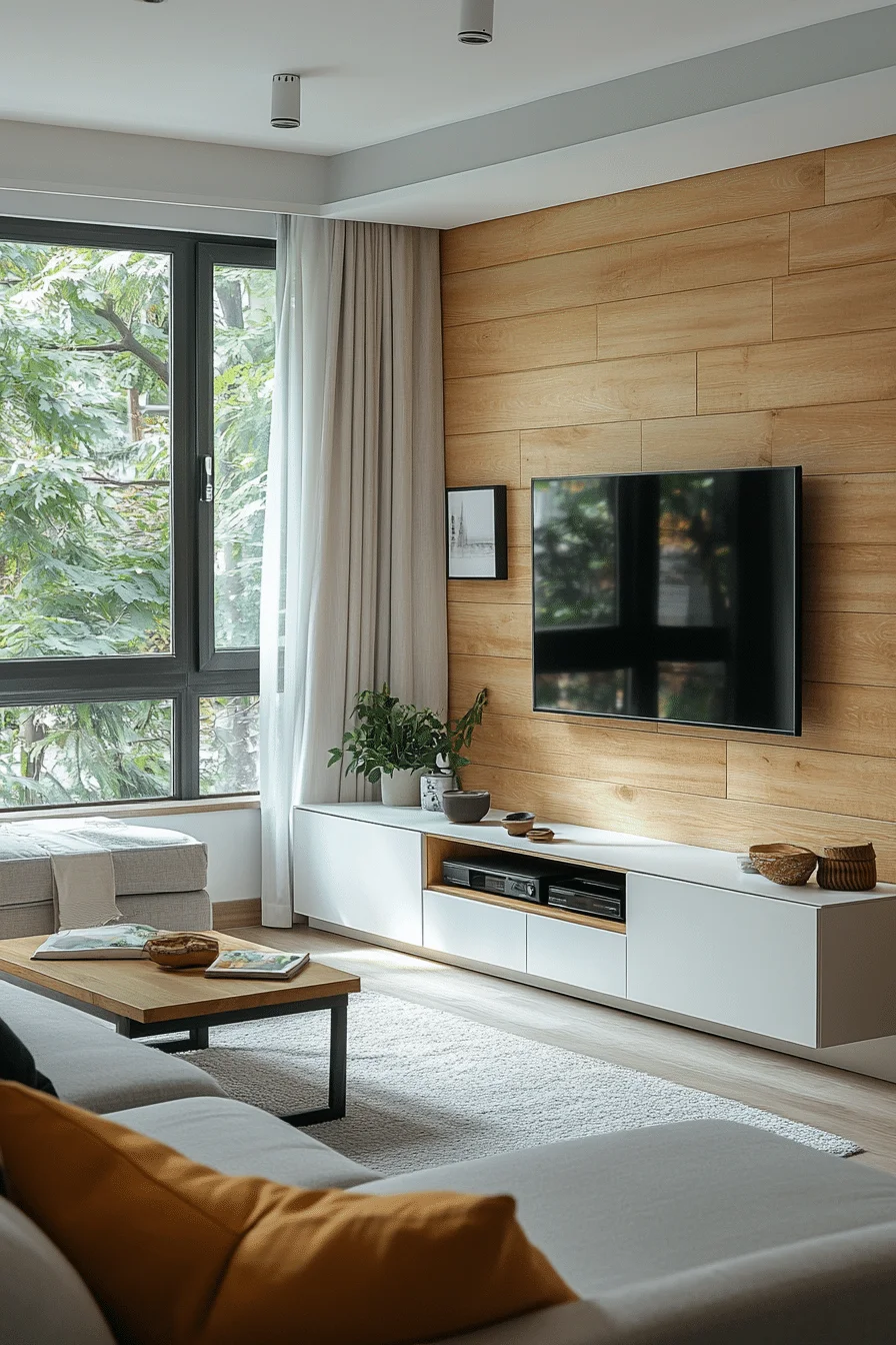 Wall-mounted entertainment center in a small living room