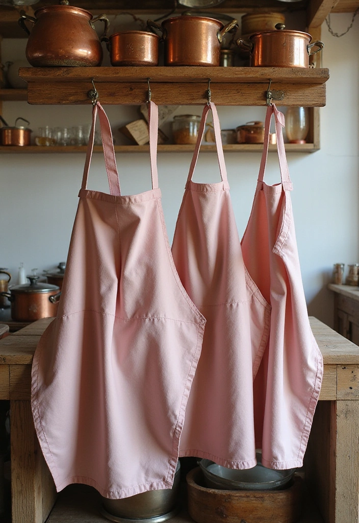Soft Pink Aprons Complementing Copper Cookware