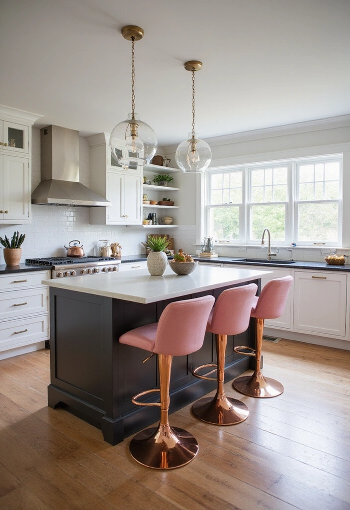 Stylish Pink Barstools Featuring Copper Feet