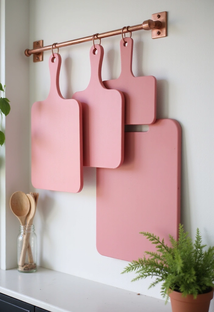 Stylish Pink Cutting Boards Displayed on Copper Racks