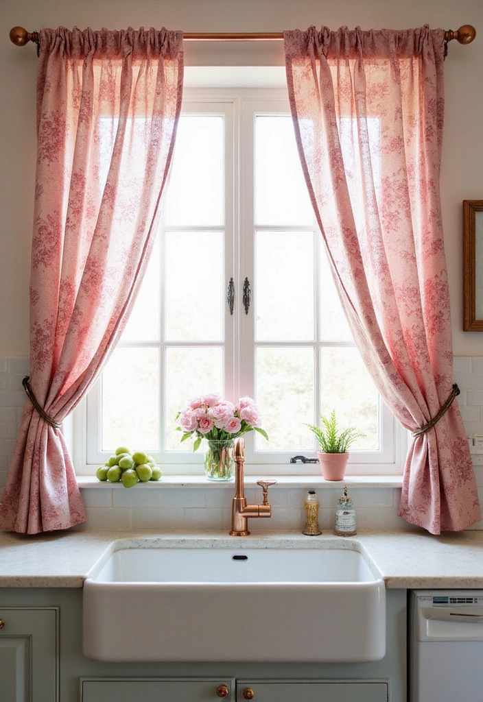 Pink Floral Curtains Paired with Copper Fixtures