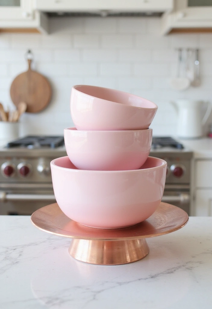 Vibrant Pink Mixing Bowls on a Copper Stand