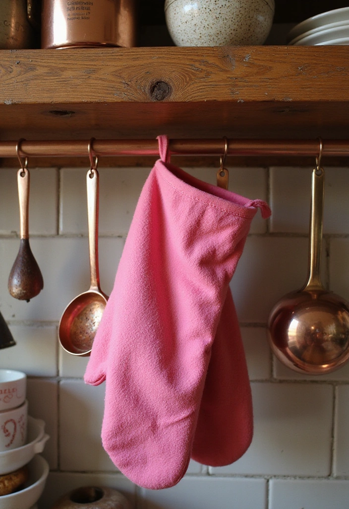 Playful Pink Oven Mitts Paired with Copper Utensils
