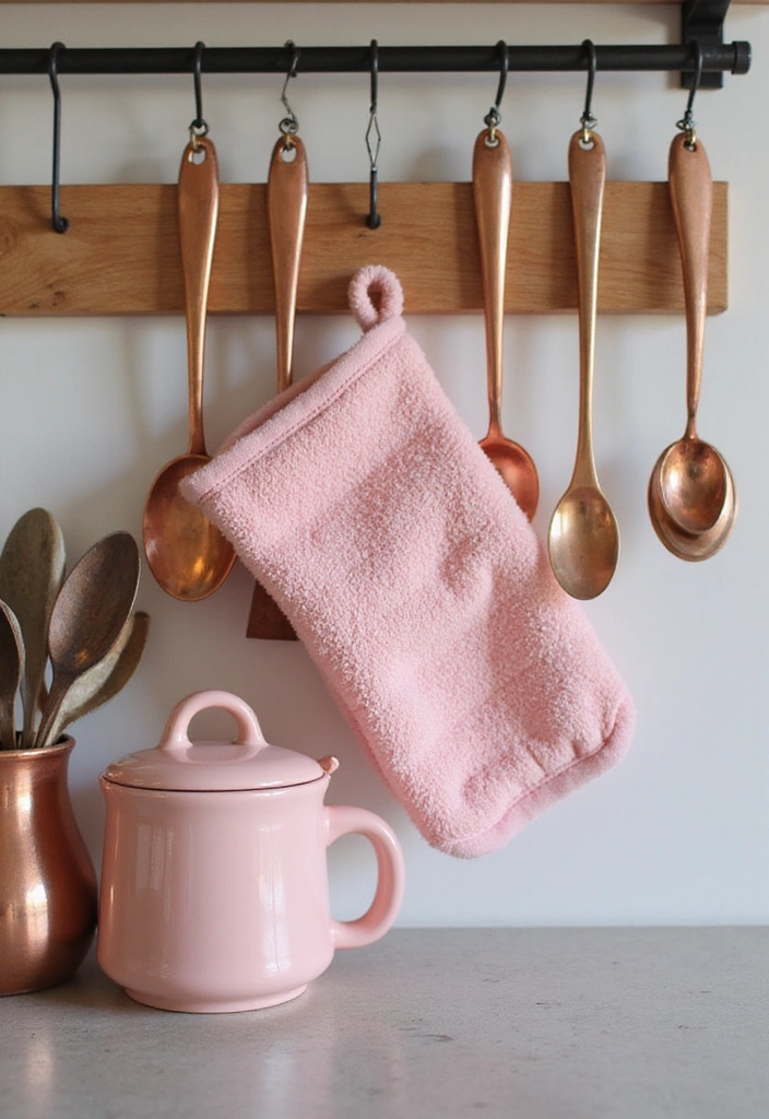 Pink Pot Holders Matched with Copper Kitchen Tools