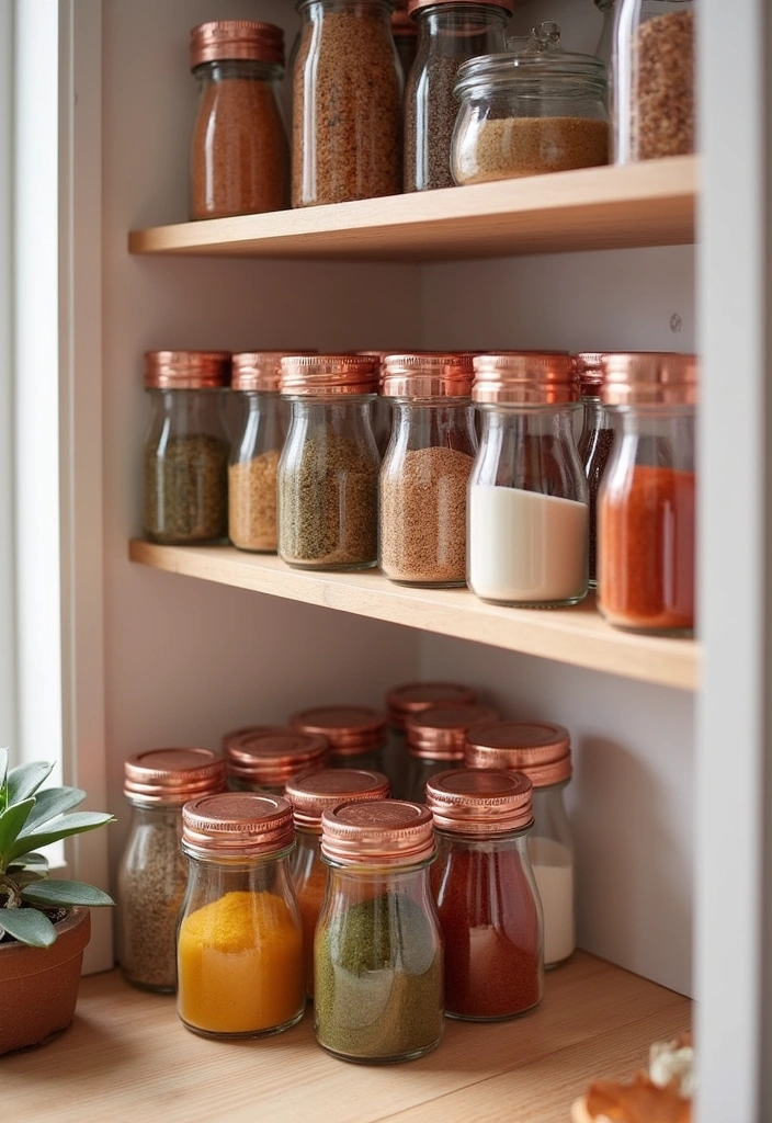 Organized Pink Spice Jars with Copper Lids