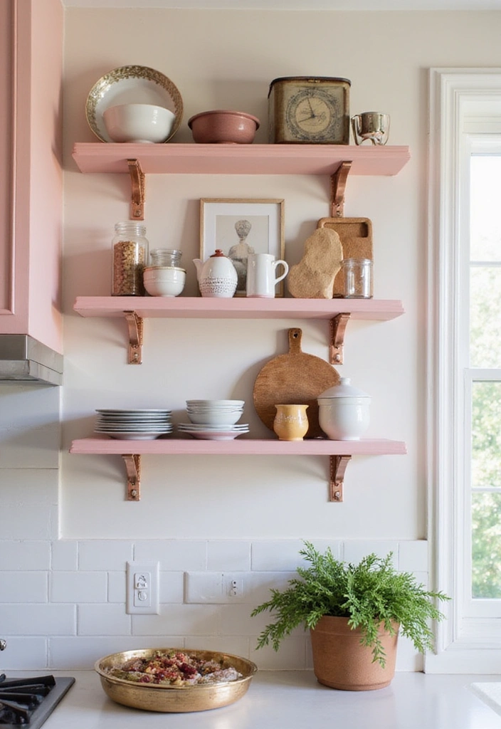 Pink Wall Shelves Supported by Copper Brackets