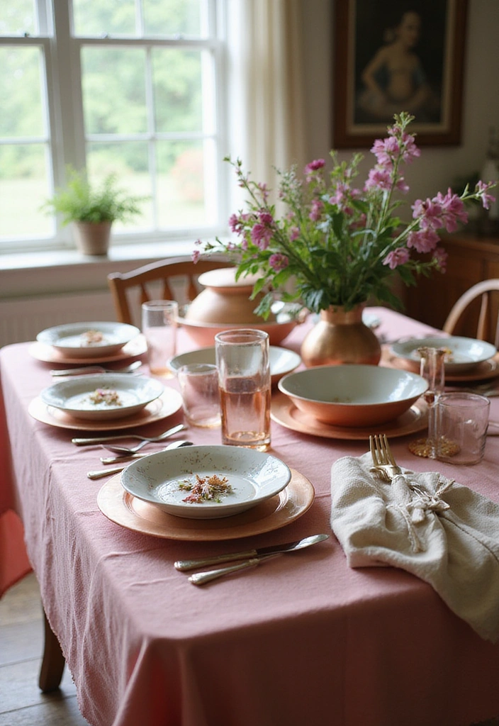 Vintage Pink Tablecloths Paired with Copper Touches