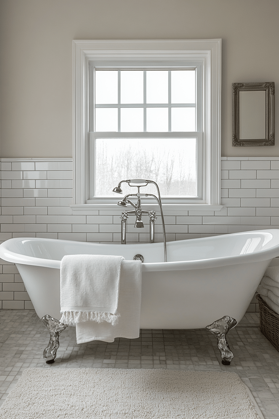 Classic vintage-modern bathroom with clawfoot tub and subway tiles