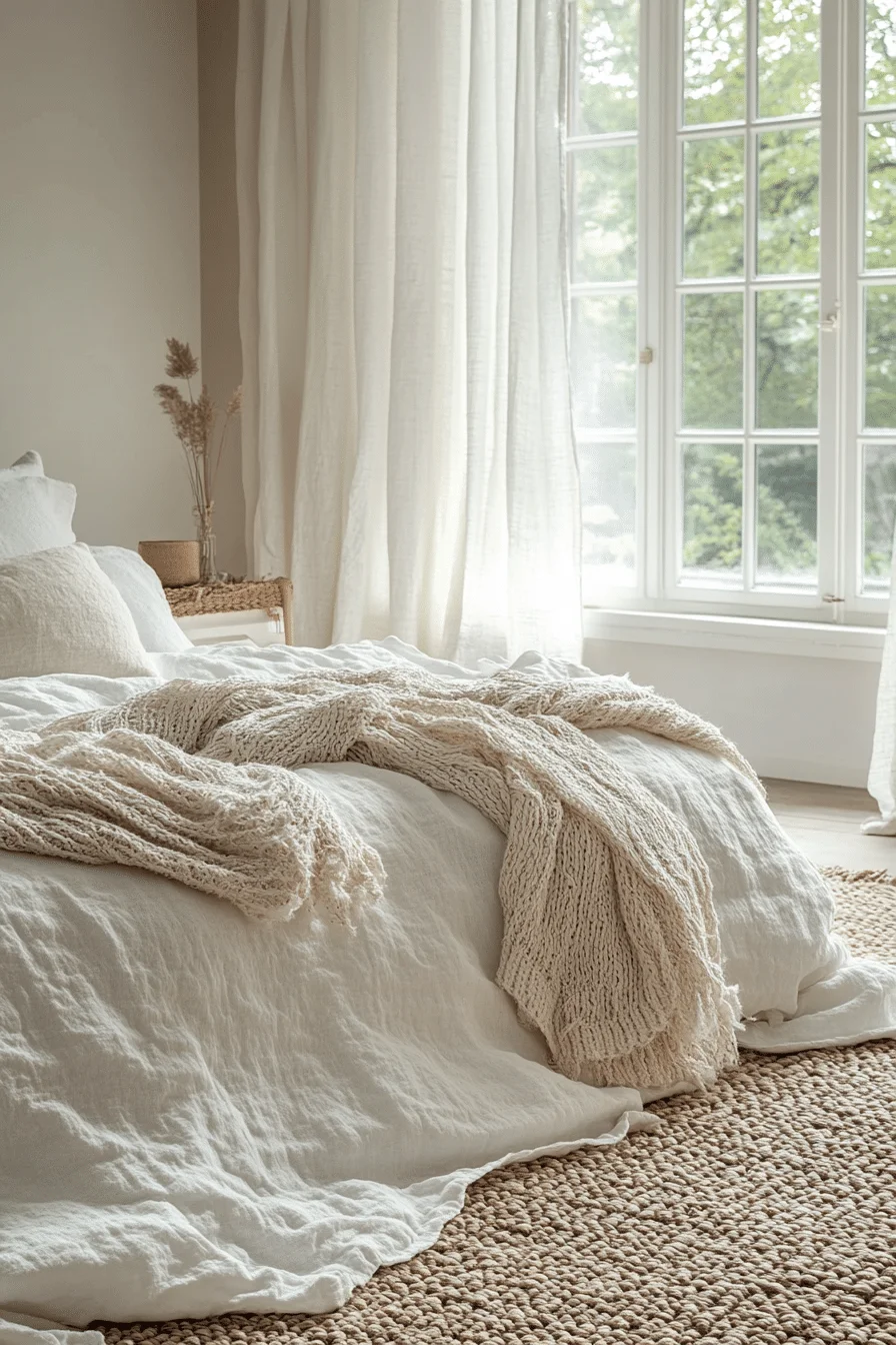Serene white bedroom with textured bedding