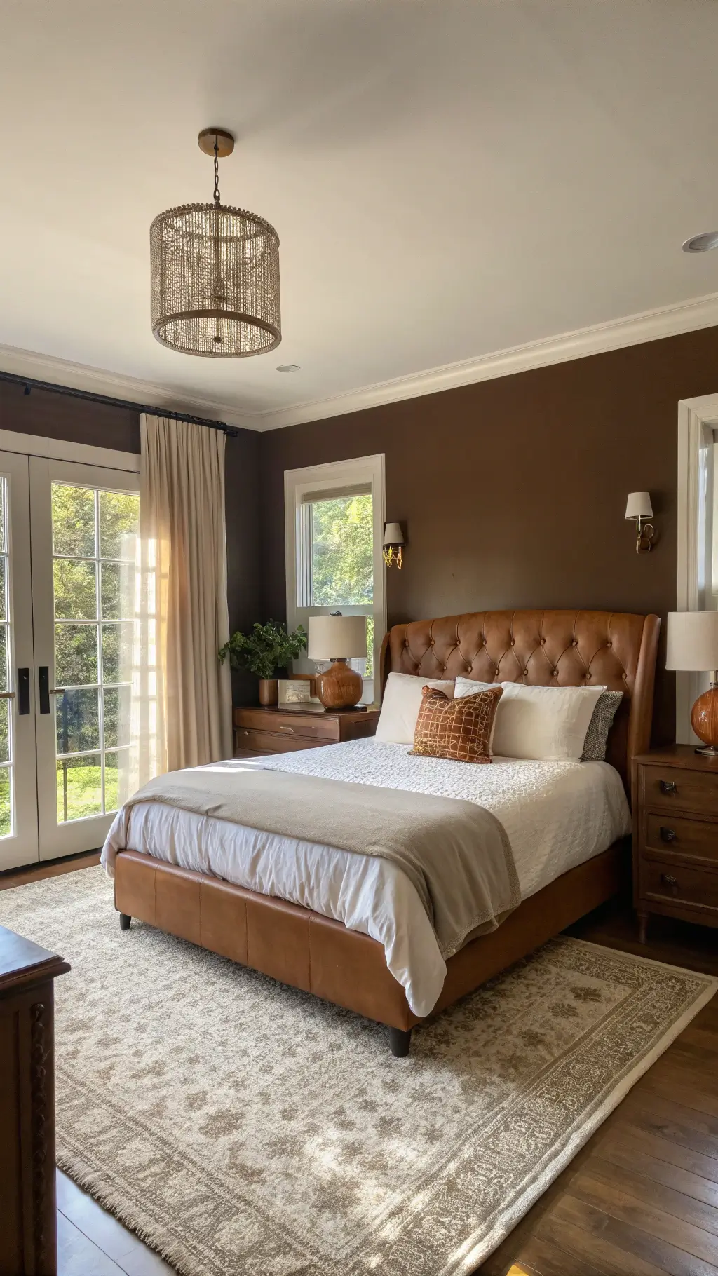 Spacious bedroom with mocha brown walls, king-sized bed, vintage walnut nightstands, and soft sunlight filtering through sheer curtains