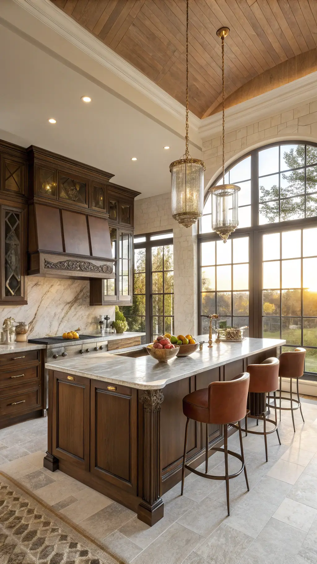luxurious kitchen with walnut cabinets curved marble island brass fixtures caramel leather barstools and copper cookware bathed in golden hour sunlight from floor-to-ceiling windows