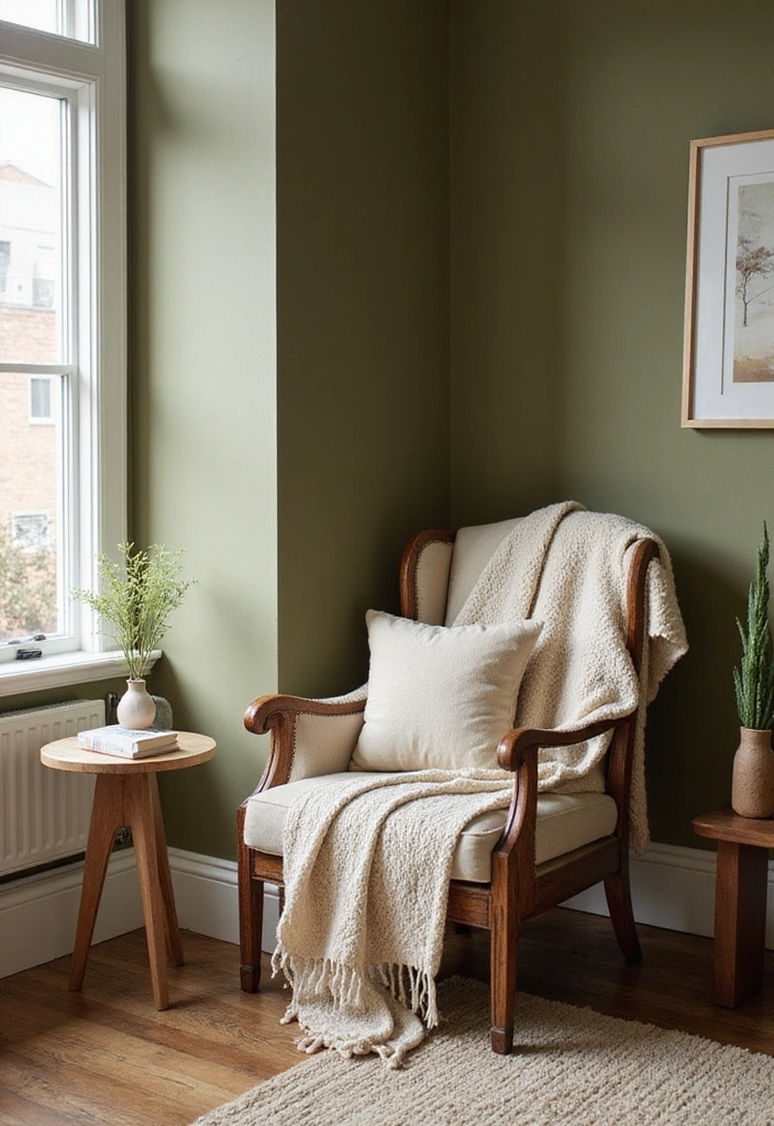 Cozy Reading Nook with Olive Green Wall