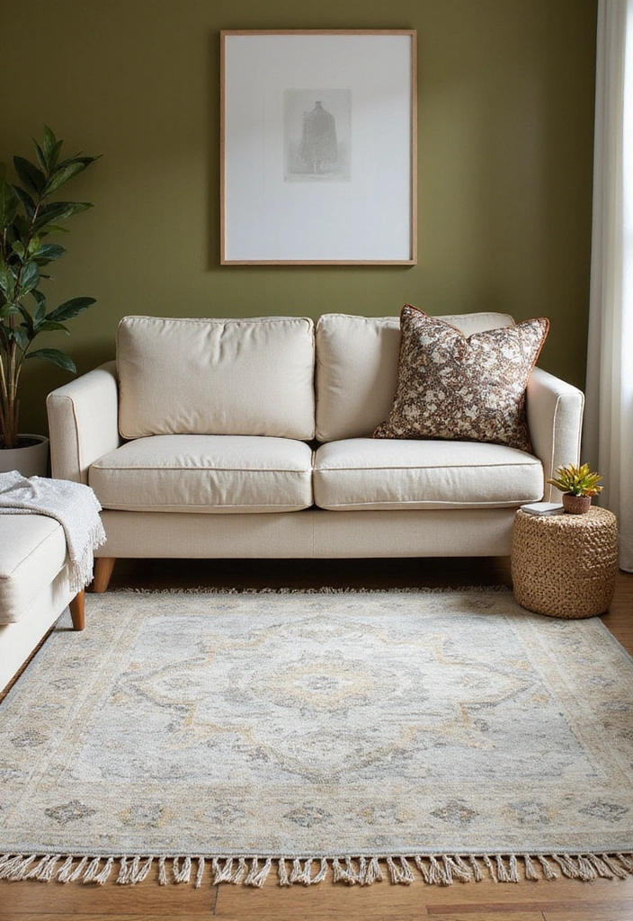 Layering Rugs in Olive Green Living Room