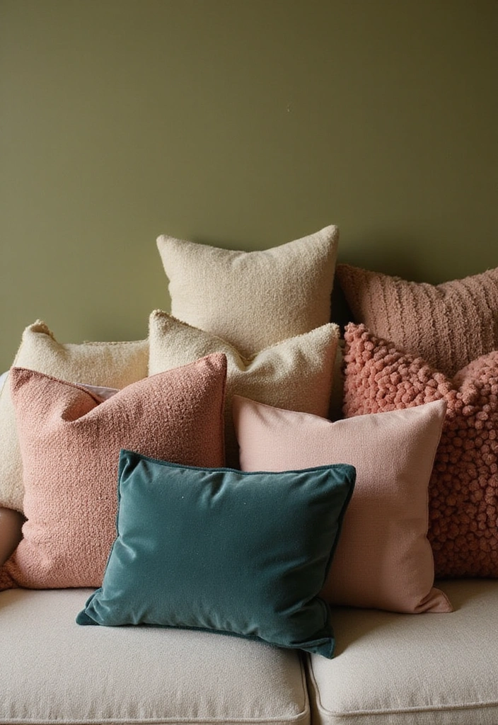 Layering Textures in Olive Green Living Room