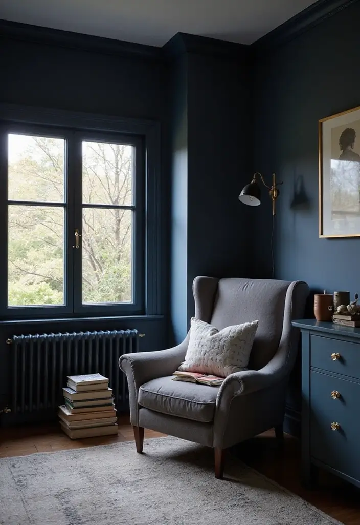 Cozy Reading Nook in Navy Blue Boho Bedroom