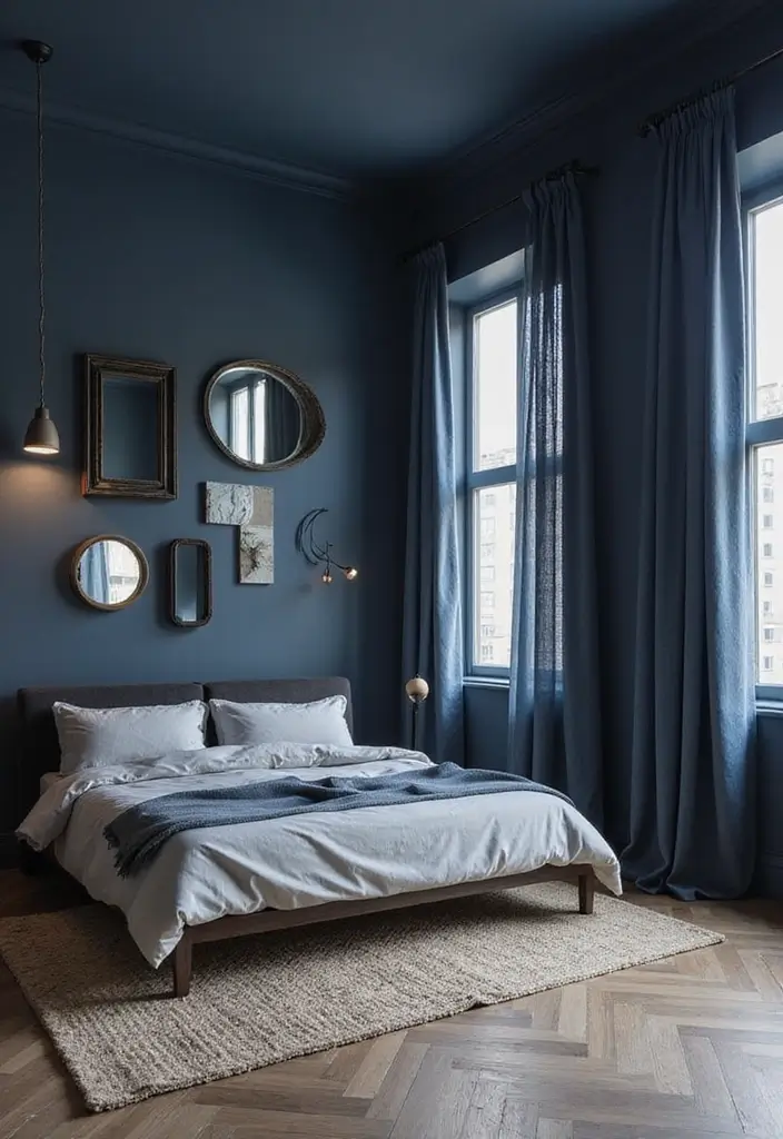 Creative Use of Mirrors in Navy Blue Boho Bedroom