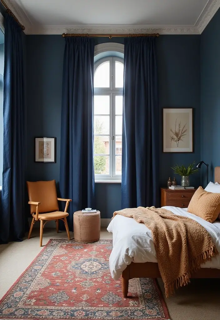 Earthy Color Palette in Navy Blue Boho Bedroom