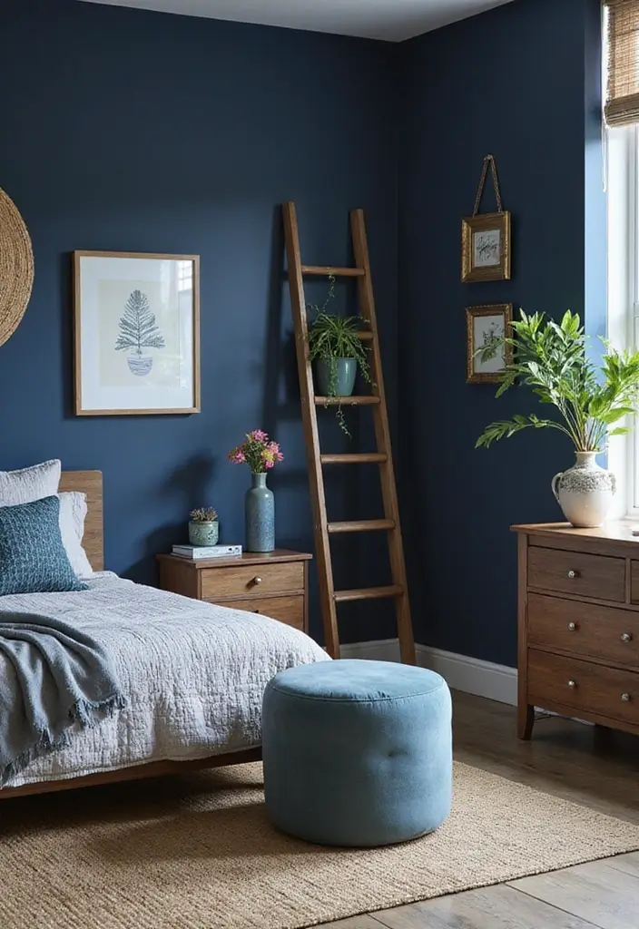 Functional Decor in Navy Blue Boho Bedroom