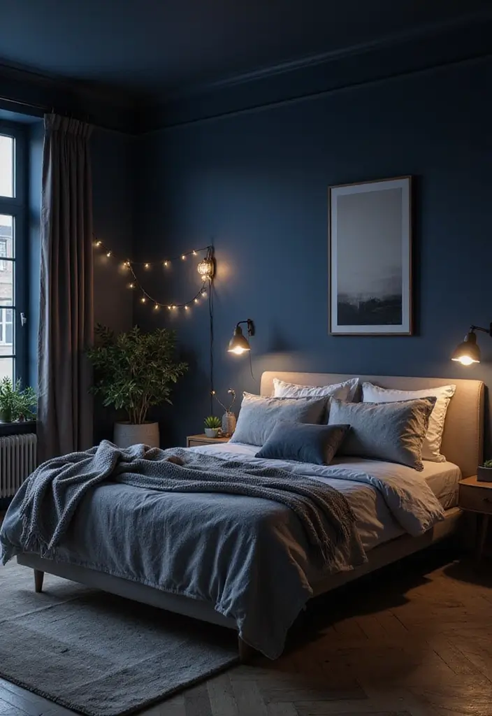 Layered Lighting Sources in Navy Blue Boho Bedroom