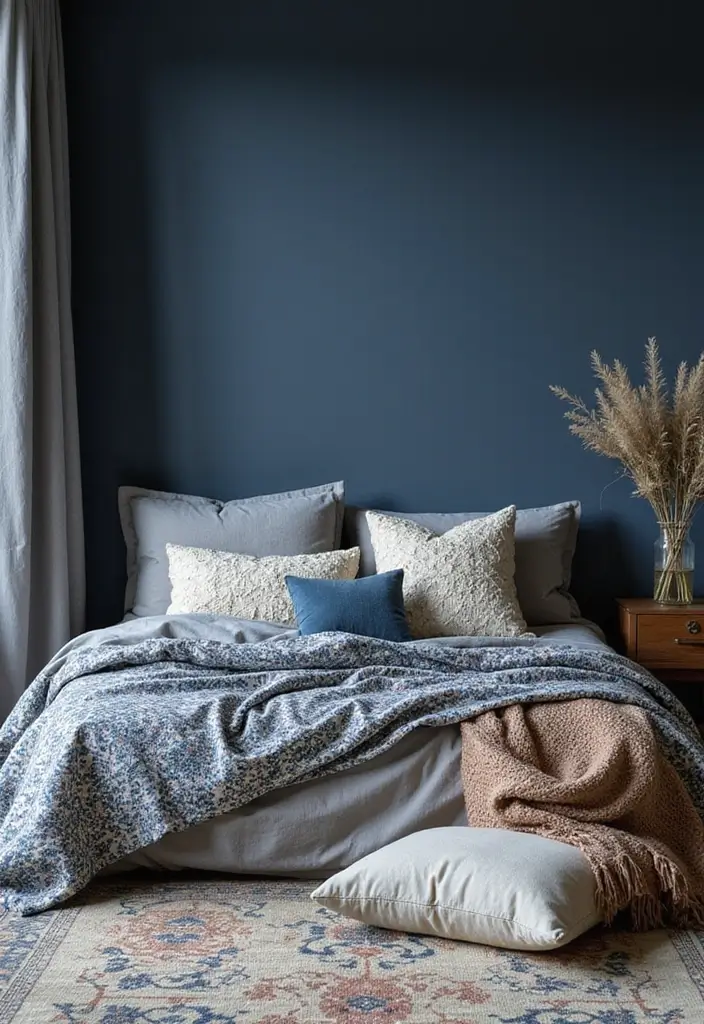 Layered Textiles in Navy Blue Boho Bedroom