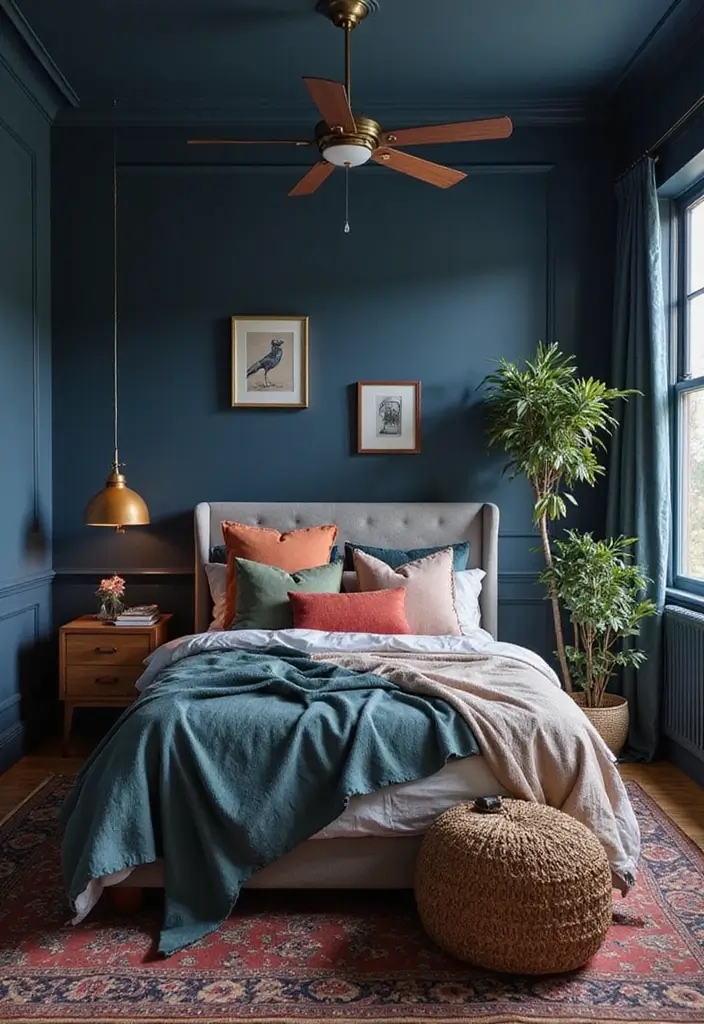 Layering Colors in Navy Blue Boho Bedroom