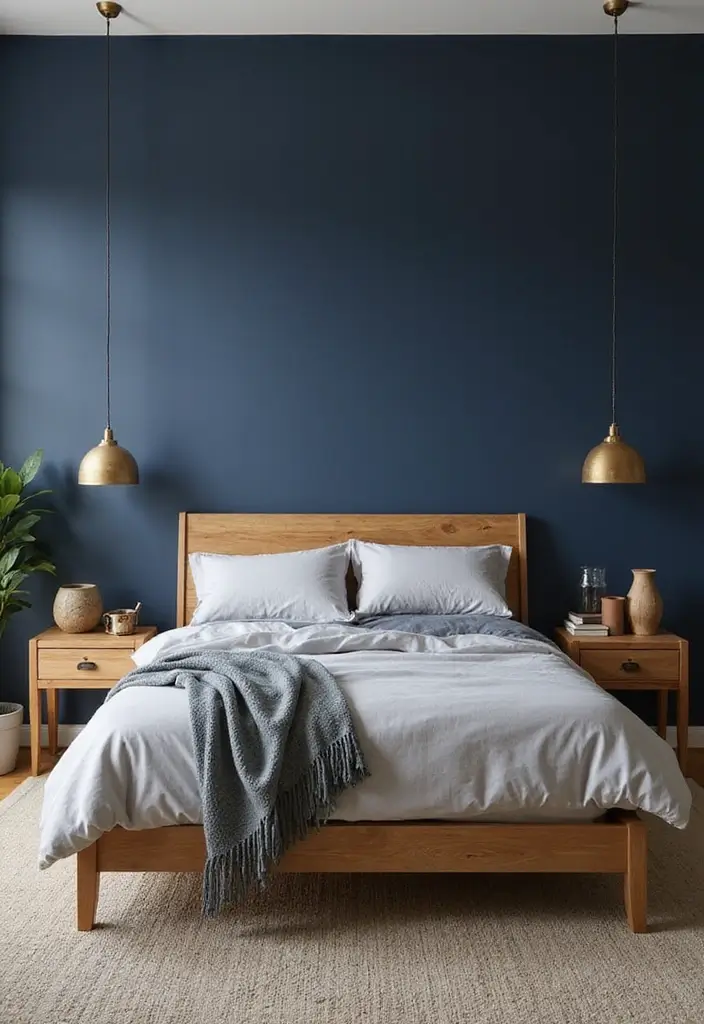 Natural Wood Accents in Navy Blue Boho Bedroom