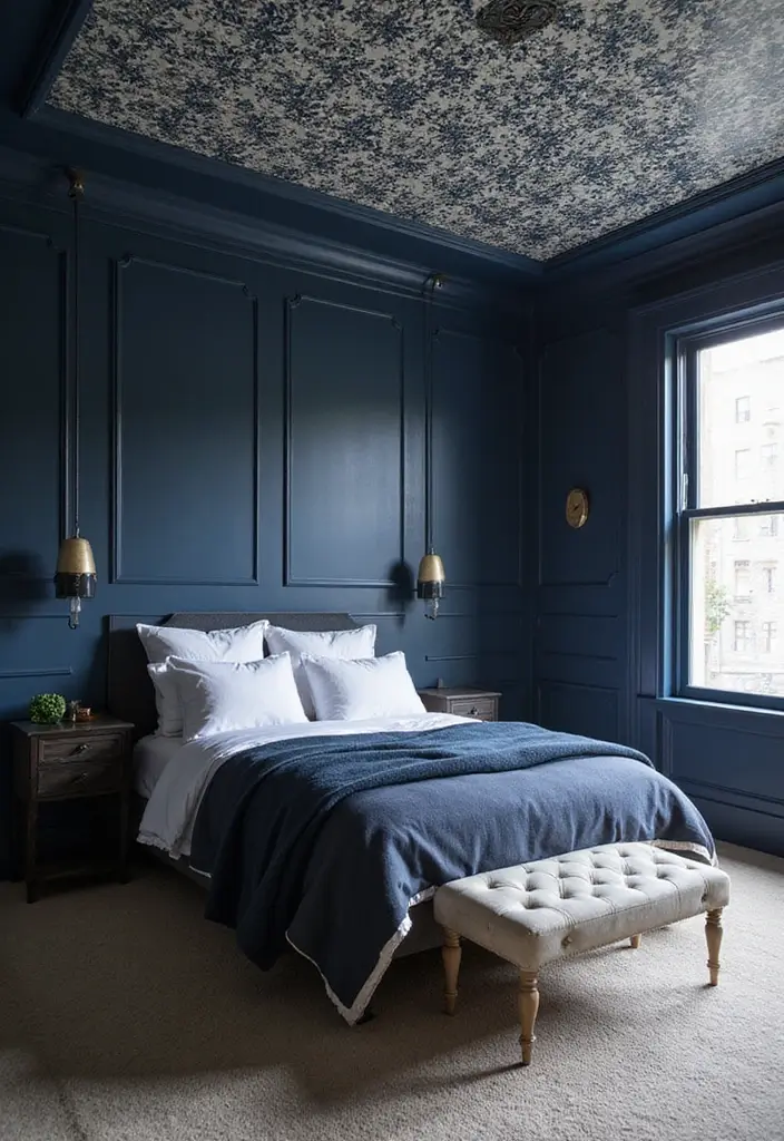 Statement Ceiling in Navy Blue Boho Bedroom