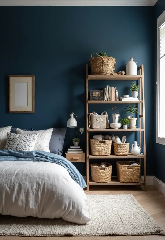 Stylish Storage Solutions in Navy Blue Boho Bedroom