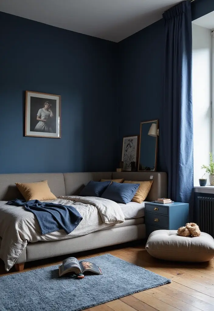 Unique Furniture Arrangements in Navy Blue Boho Bedroom