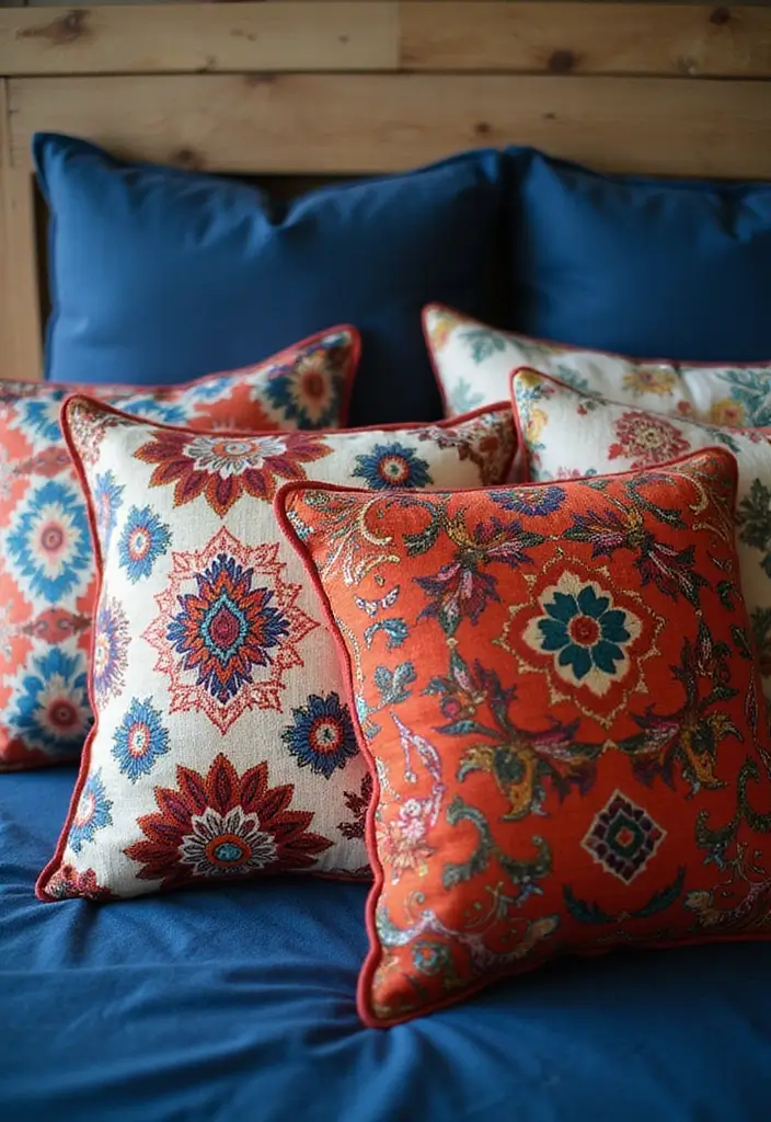Vibrant Throw Pillows in Navy Blue Boho Bedroom