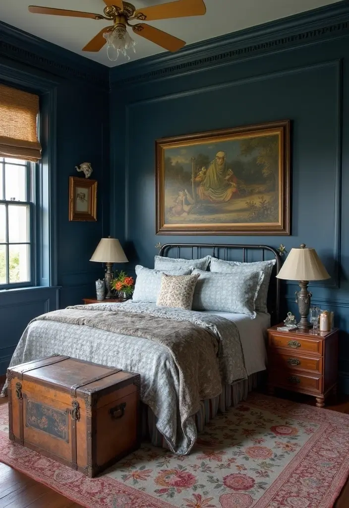 Vintage Finds in Navy Blue Boho Bedroom