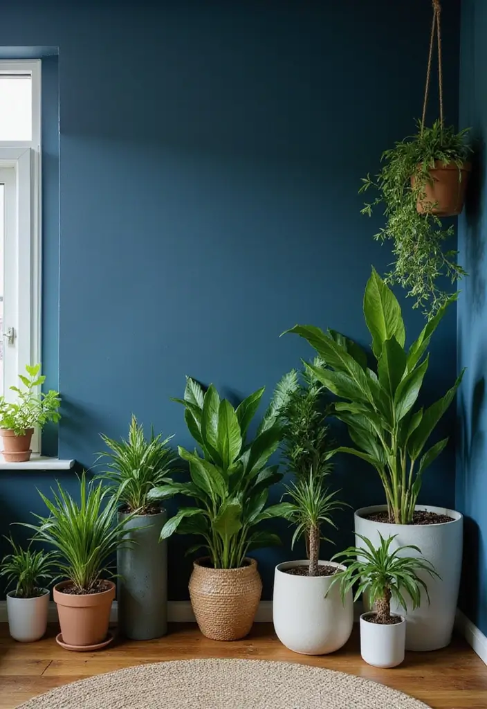 Indoor Plants in Navy Blue Boho Bedroom