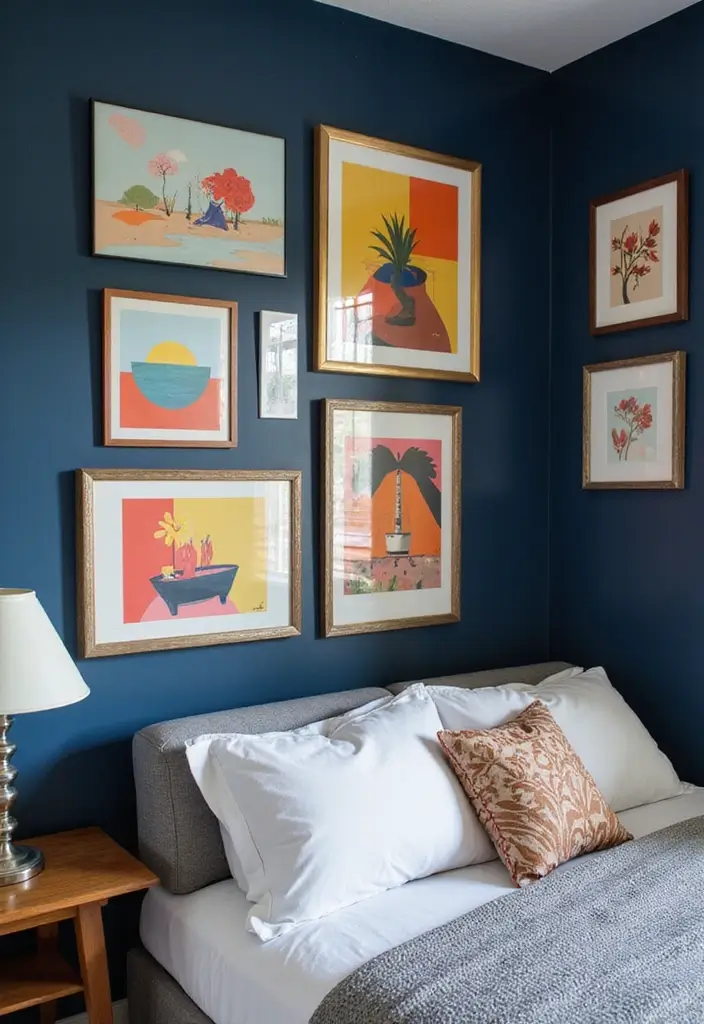 Bold Artwork in Navy Blue Boho Bedroom