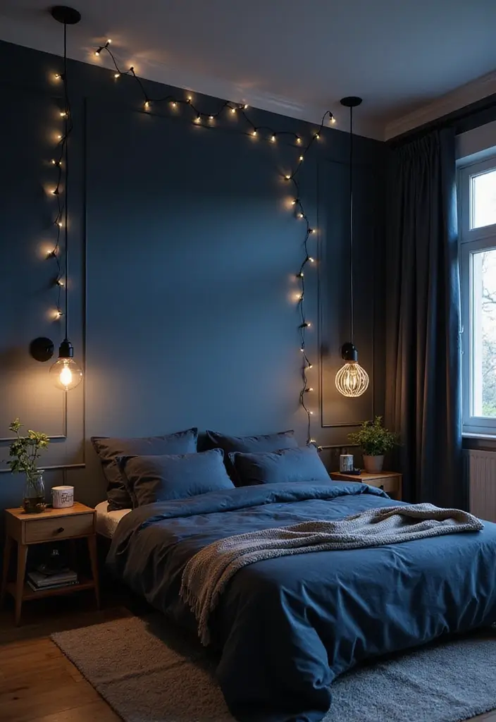 Accent Lighting in Navy Blue Boho Bedroom