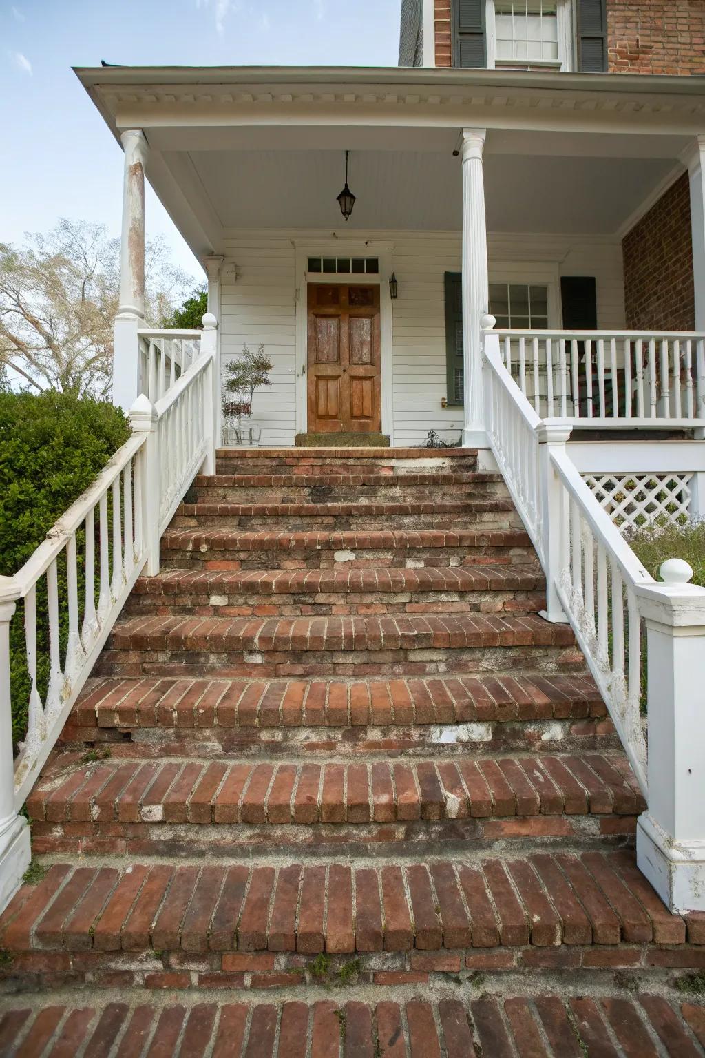Classic brick stairs leading to a cozy front porch.