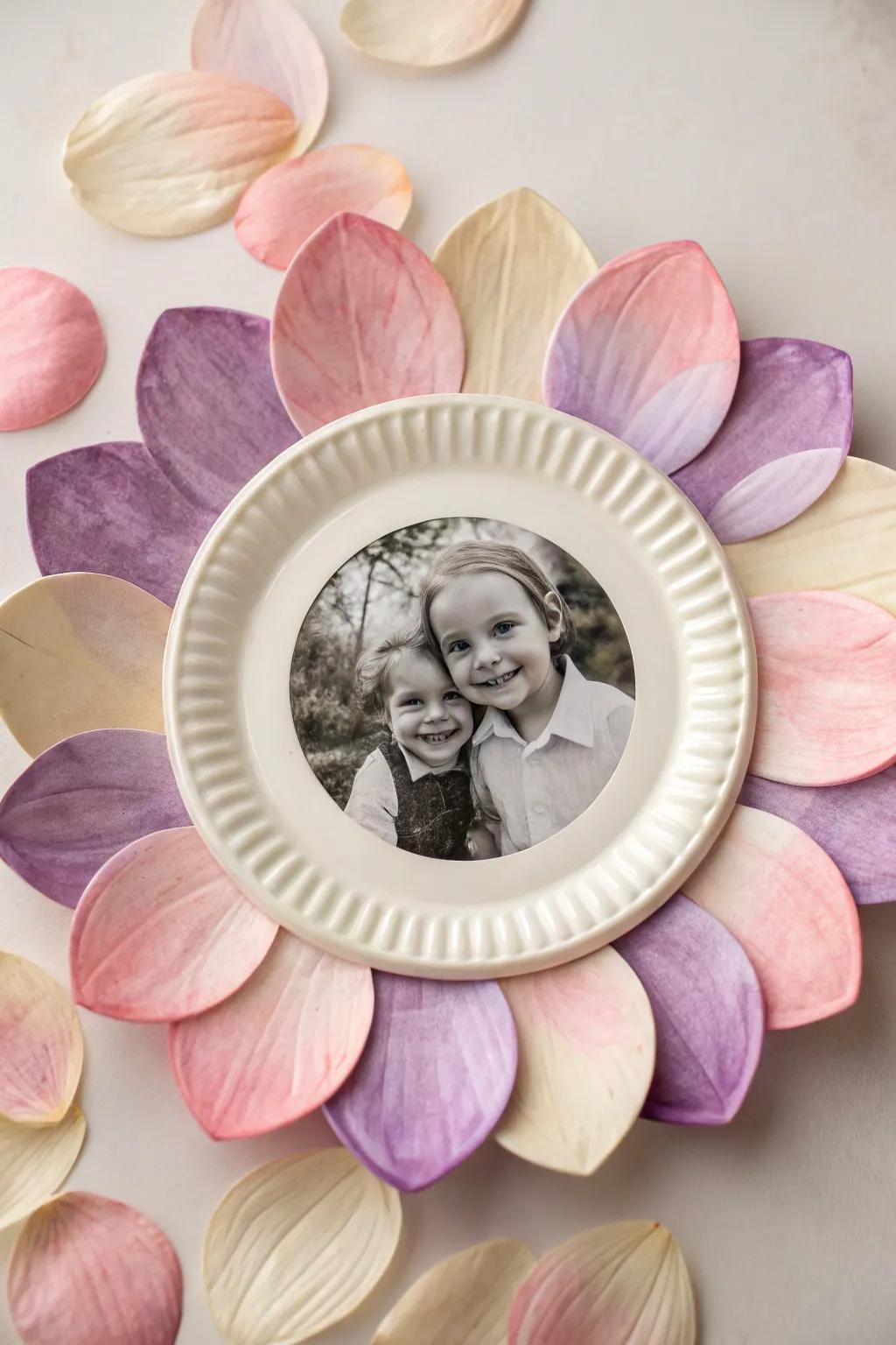 Create a charming floral frame from a paper plate, perfect for a heartfelt Mother's Day gift.
