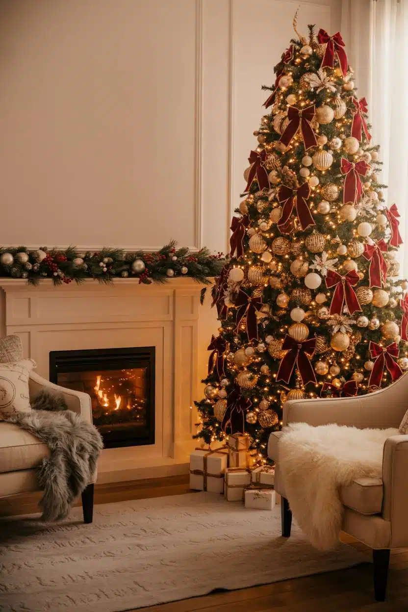 Cozy Christmas Decor Ideas for Living Room Christmas living room with gold and silver tree ornaments, cream rug, and glowing fireplace