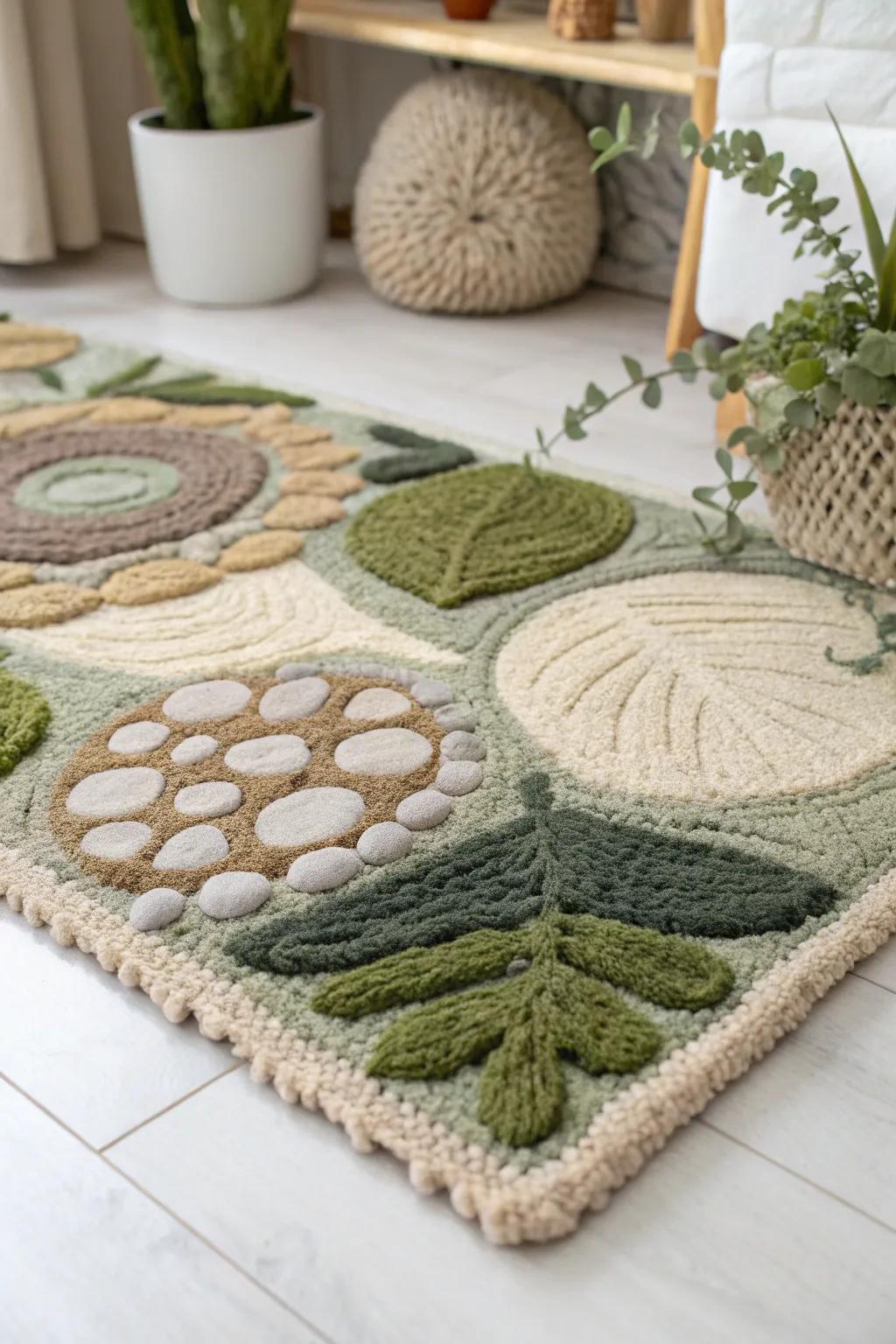 Handcrafted punch needle rug inspired by natural elements, blending simplicity with organic textures.